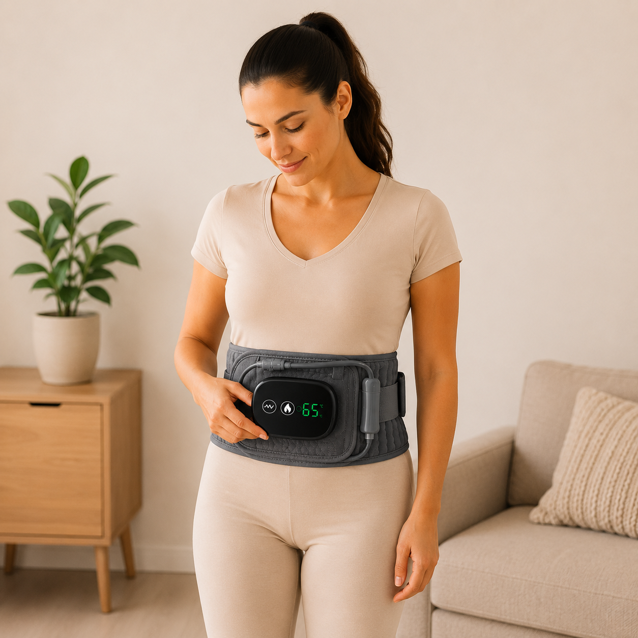 femme avec ceinture lombaire chauffante